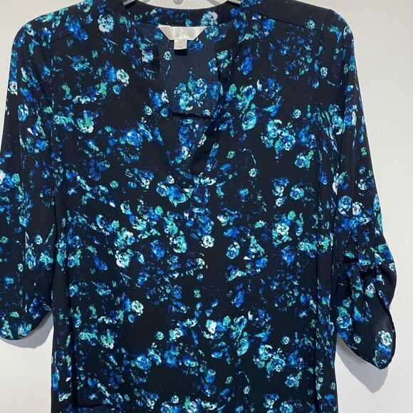Decree Women's Navy Blue Floral V-Neck 3/4 Tab Sleeve Blouse Top Size Small - Picture 3 of 8